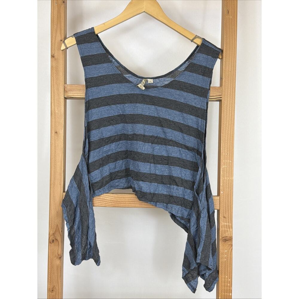 Comfy USA Blue Gray Striped Asymmetrical Pop Over Vest Top MEDIUM — Made in USA